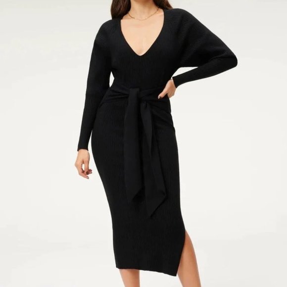 Good American Belted Rib Knit Bodycon Midi Dress - Picture 1 of 10